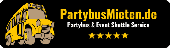 Gelber amerikanischer Schulbus Partybus vor schwarzem Hintergrund mit der Aufschrift "PartybusMieten.de"